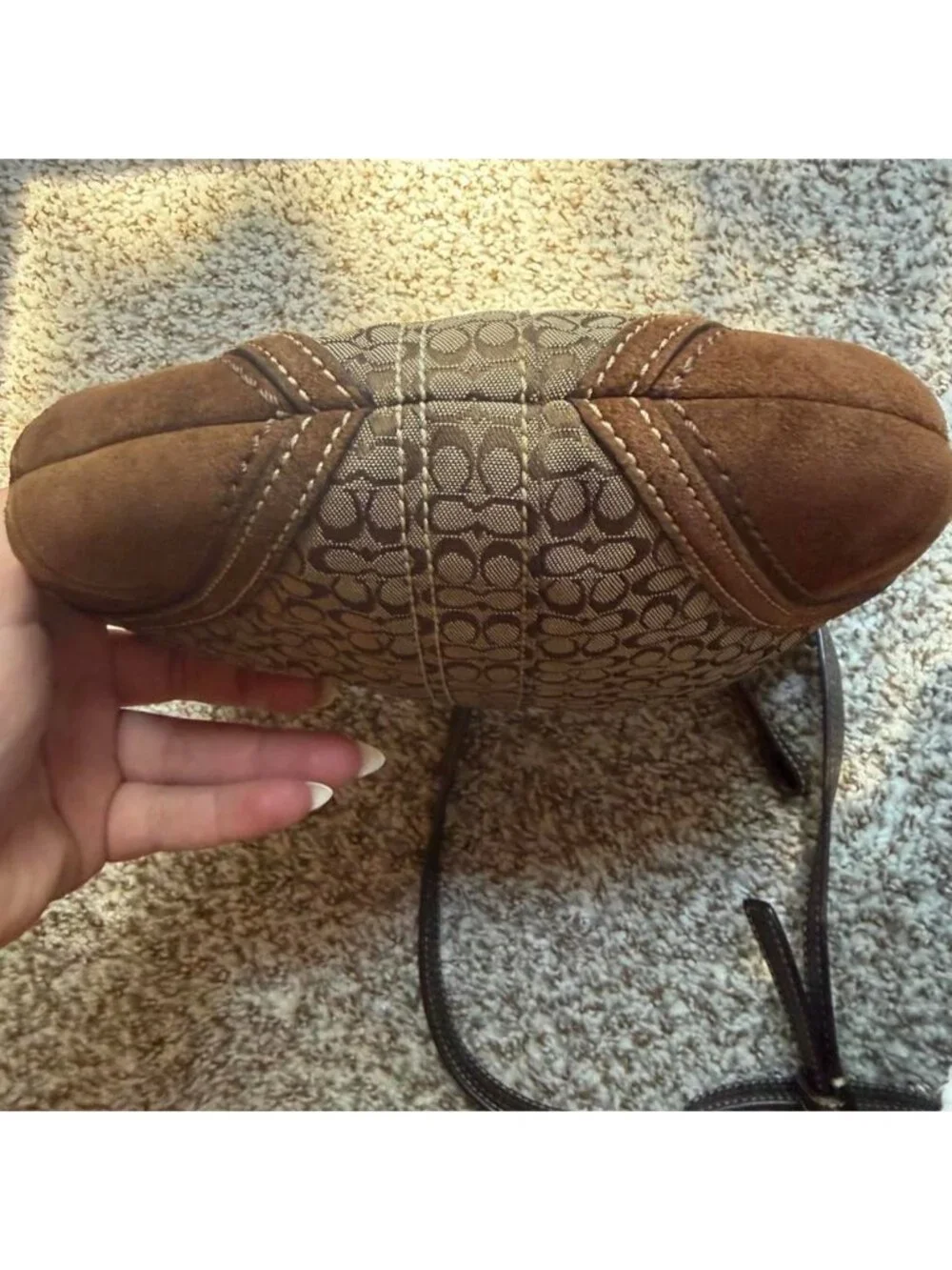 oach Y2K Signature Canvas Suede Trim Crossbody Bag Brown Monogram Shoulder Purse